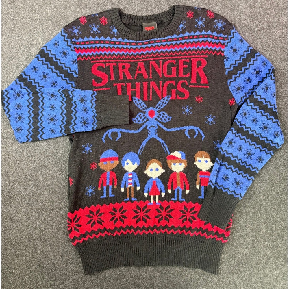 Stranger Things Holiday Sweater Medium Black Blue Demogorgon Fair Isle Knit